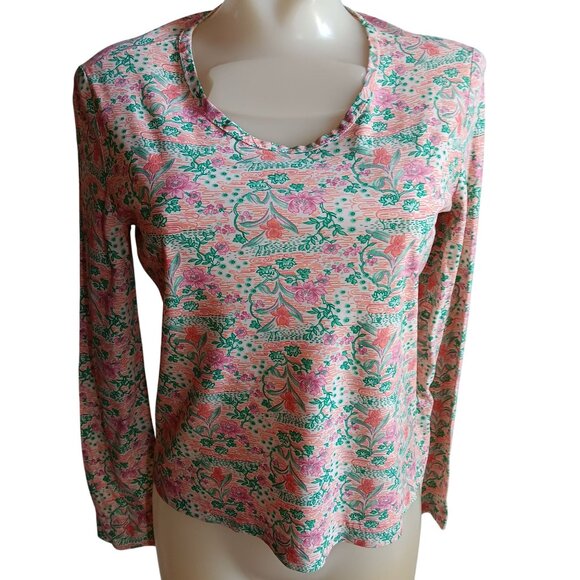 Vintage 80s SIngle Stitch Small Floral LS Polyester Thin Stretch Womens Top - Picture 1 of 5